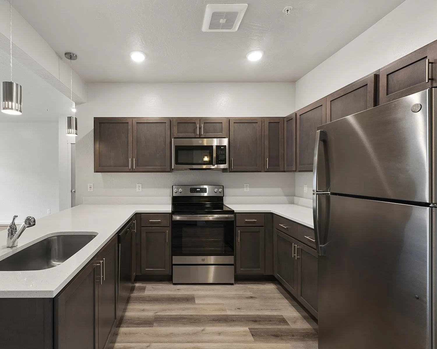 Modern kitchen with dark wood cabinets, stainless steel appliances, and a light wood floor.
